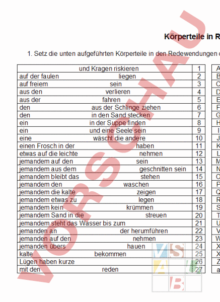 Arbeitsblatt K Rperteile In Redewendungen Deutsch Wortschatz