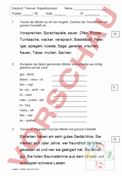 Arbeitsblatt Test Trennen 2 Deutsch Rechtschreibung