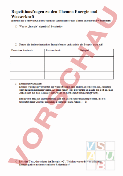 Arbeitsblatt Energie Und Wasserkraft Geographie Anderes Thema