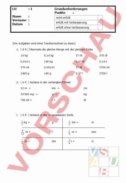 Arbeitsblatt Masseinheiten Sortenverwandlung Mathematik