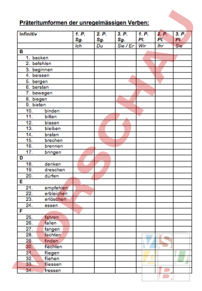 Arbeitsblatt Präteritumformen der unregelmässigen Verben Deutsch Grammatik