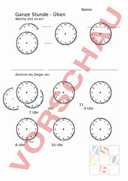 Arbeitsblatt Uhrzeit ganze Stunden einfache Übungen Mathematik