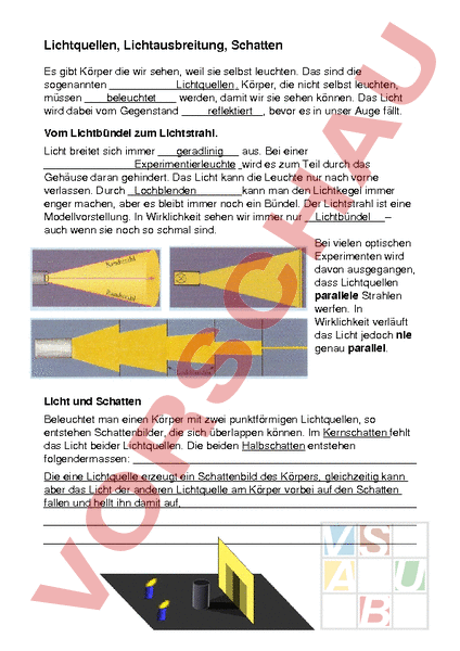 Arbeitsblatt Lichtausbreitung Und Schatten Physik Optik