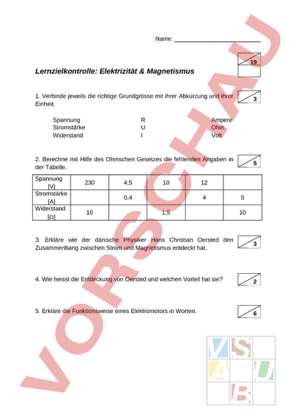 Arbeitsblatt Lernzielkontrolle Physik Elektrizität Magnetismus