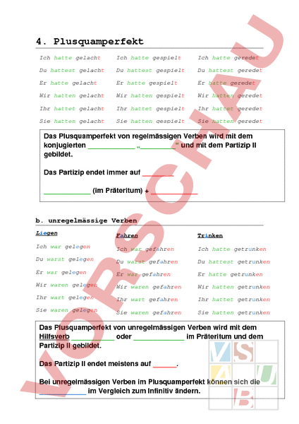 Arbeitsblatt Plusquamperfekt Deutsch Grammatik