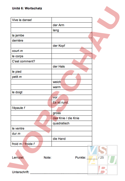 Arbeitsblatt Wortschatz unité 6 Französisch Wortschatz