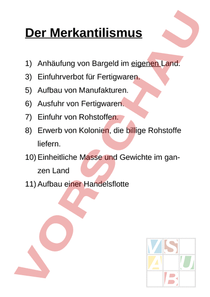 Arbeitsblatt Merkantilismus Geschichte Neuzeit