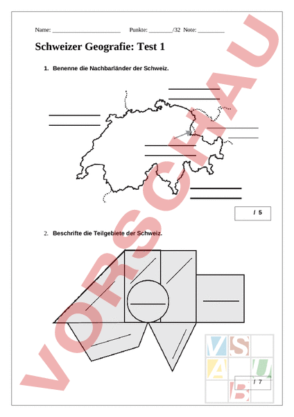 Arbeitsblatt Schweizer Geografie Test Teil Geographie Schweiz