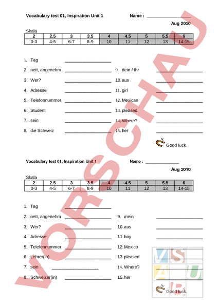 Arbeitsblatt Vocab Test Inspiration 1 U1 Englisch Wortschatz