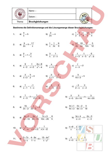 Arbeitsblatt Arbeitsblatt Bruchgleichungen Mathematik Gleichungen