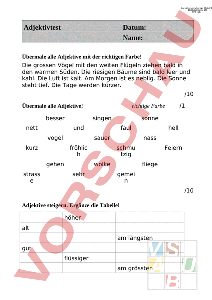 Arbeitsblatt Test Adjektive Deutsch Grammatik