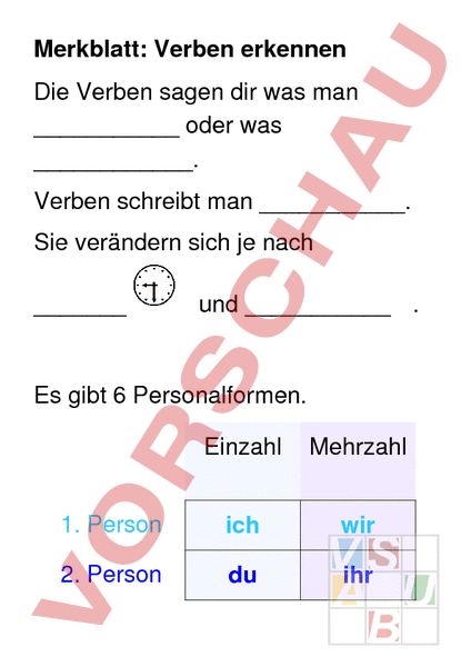 Arbeitsblatt Merkblatt Verben Deutsch Grammatik