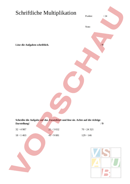 Arbeitsblatt Test Schriftlich Multiplikation Mathematik Multiplikation