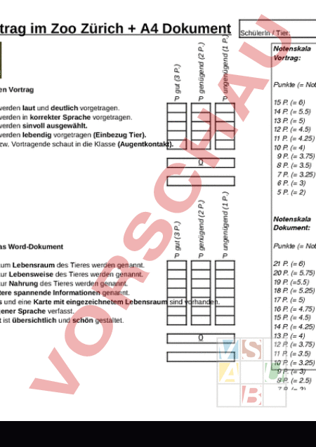 Arbeitsblatt Tiervortrag Kriterien Biologie Tiere