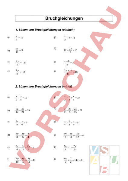 Arbeitsblatt Bruchgleichungen Mathematik Brüche Dezimalzahlen