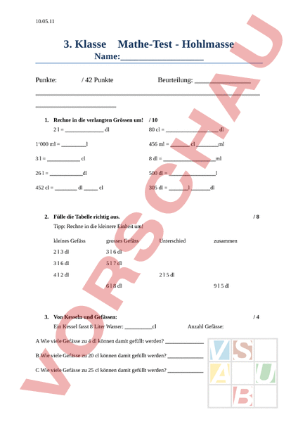 Arbeitsblatt Rechentest Hohlmasse Mathematik Sachrechnen Gr Ssen