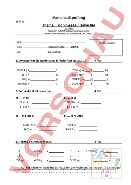 Arbeitsblatt Prüfung Gewichte Hohlmasse Mathematik Sachrechnen