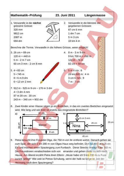 Arbeitsblatt Test L Ngenmasse Mathematik Sachrechnen Gr Ssen