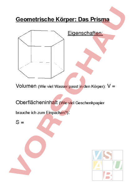 Arbeitsblatt Theorievorlage Prisma Geometrie Körper Figuren