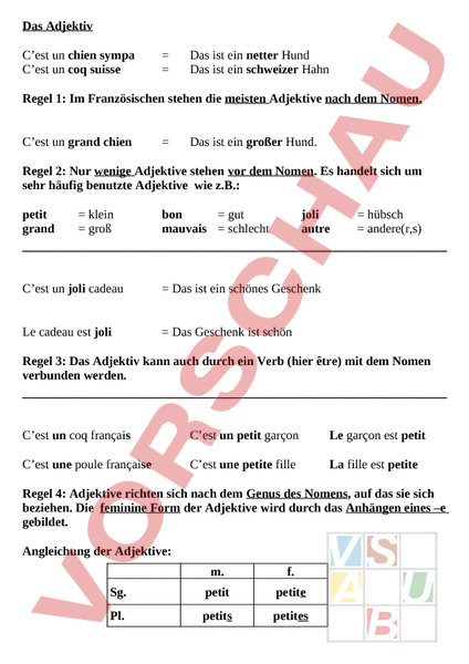 Arbeitsblatt Das Adjektiv Französisch Grammatik