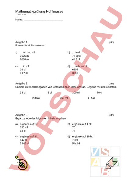 Arbeitsblatt Prüfung Hohlmasse Mathematik Mengenlehre