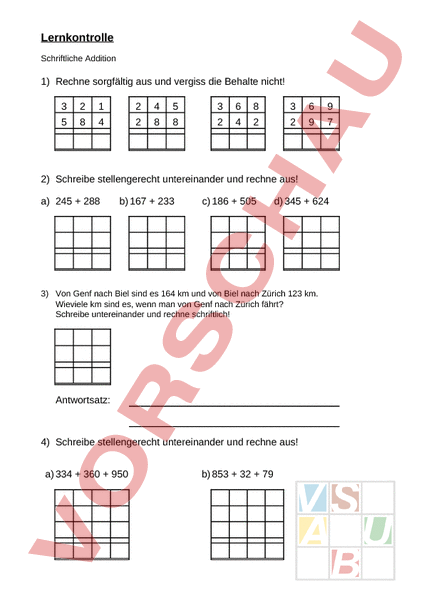 Arbeitsblatt Lernkontrolle Schriftliche Addition Mathematik