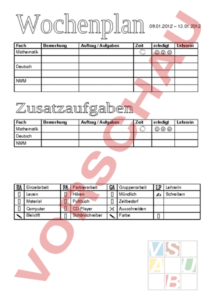 Arbeitsblatt Wochenplan Vorlage Administration Methodik