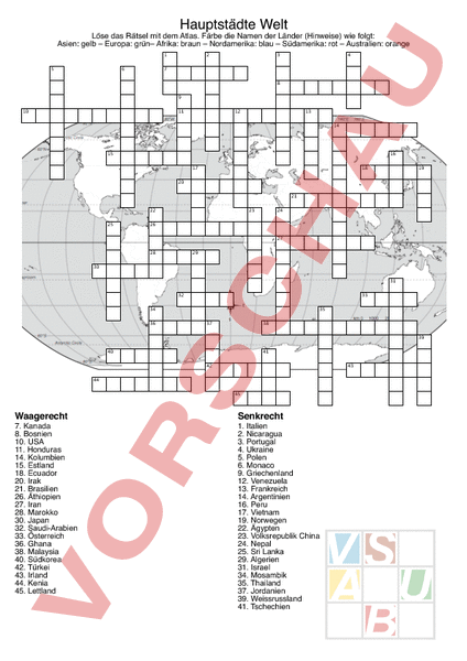 Arbeitsblatt Kreuzworträtsel Hauptstädte Welt Geographie Gemischte