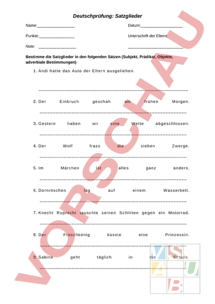 Arbeitsblatt Satzglieder Deutsch Grammatik