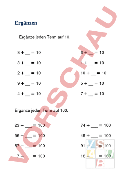 Arbeitsblatt Erg Nzen Auf Mathematik Addition