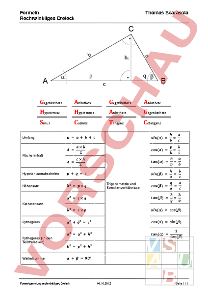 Arbeitsblatt Rechtwinkliges Dreieck Geometrie Gemischte Themen