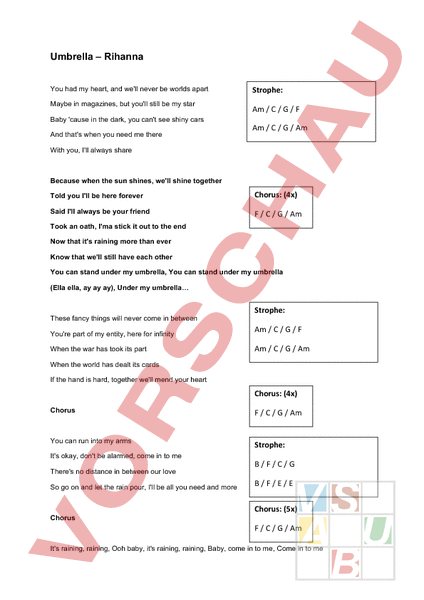 Arbeitsblatt Rihanna Umbrella Musik Singen Lieder
