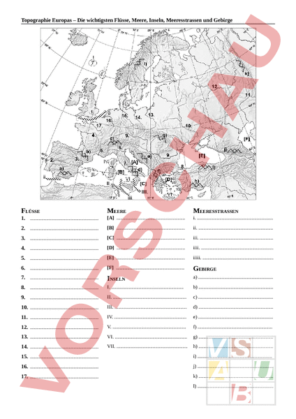 Arbeitsblatt Topographie Europas Geographie Europa