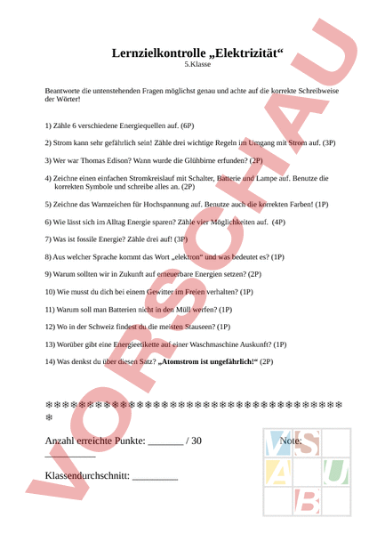 Arbeitsblatt Lernzielkontrolle Elektrizit T Physik Elektrizit T
