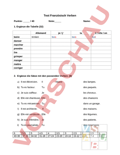 Arbeitsblatt Test Verben Franz Sisch Grammatik