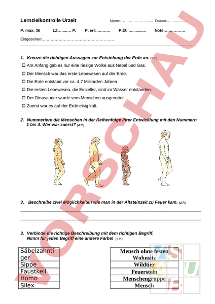 Arbeitsblatt Lernzielkontrolle Steinzeit Geschichte Altertum
