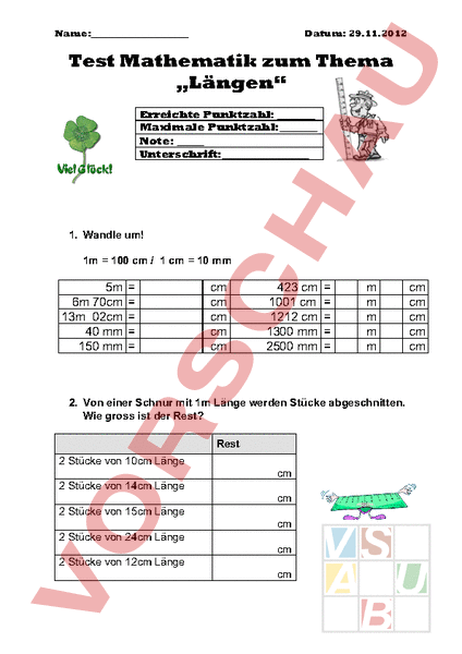 Arbeitsblatt Pr Fung L Ngenmasse Mathematik Sachrechnen Gr Ssen