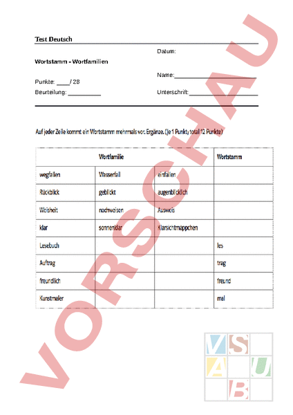 Arbeitsblatt Wortstamm Wortfamilien Deutsch Grammatik