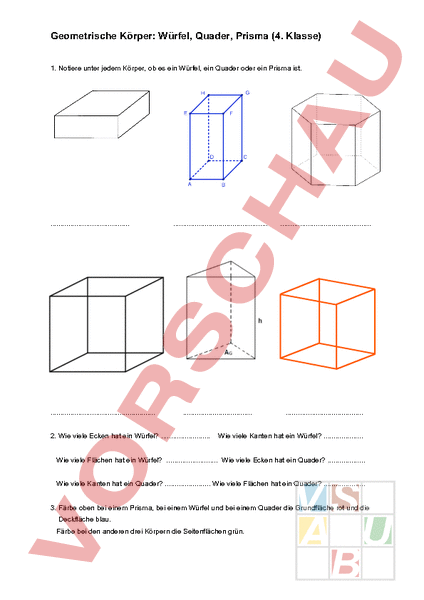 Arbeitsblatt Würfel Quader Prisma Geometrie Körper Figuren