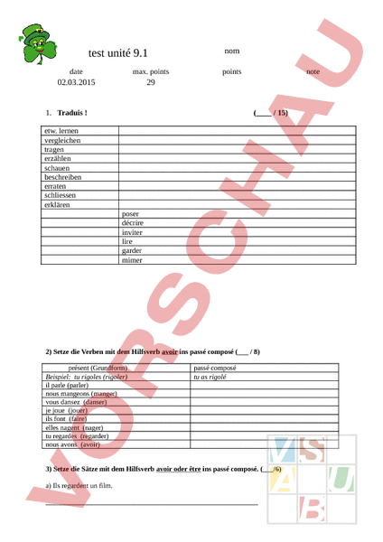 Arbeitsblatt Voc Test Unit 9 Französisch Grammatik