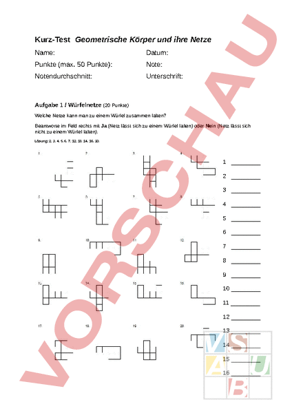 Arbeitsblatt Kurztest Körper und ihr Aufbau 4a Geometrische Körper