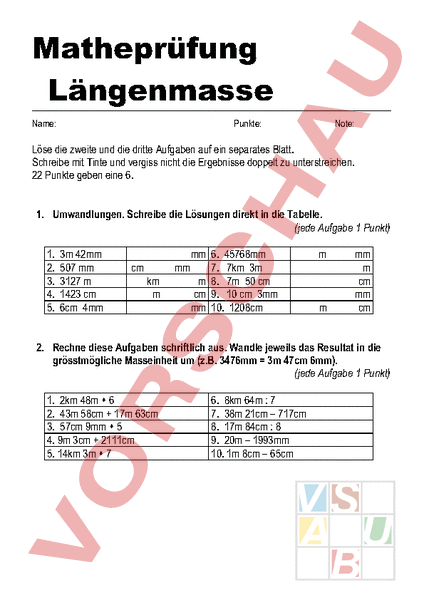 Arbeitsblatt Längenmasse Matheprüfung Mathematik Sachrechnen Grössen