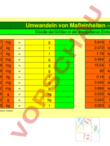 Arbeitsblatt Umwandlung von Maßeinheiten Masse Mathematik