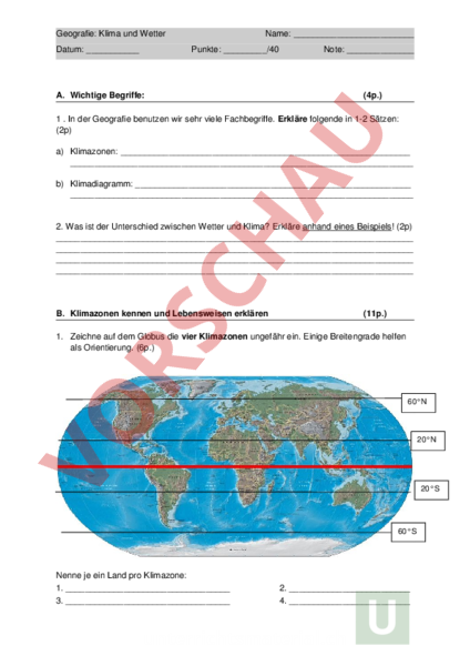 Arbeitsblatt Prüfung Klimazonen Indigene Völker Geographie