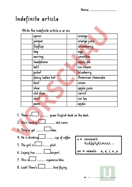 Arbeitsblatt New World 2 Unit 1 A Or An Englisch Grammatik