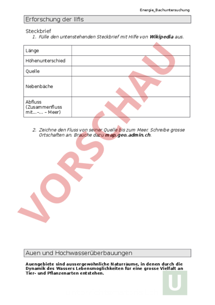 Arbeitsblatt Bachuntersuchung Aare Ilfis Geographie Gemischte Themen