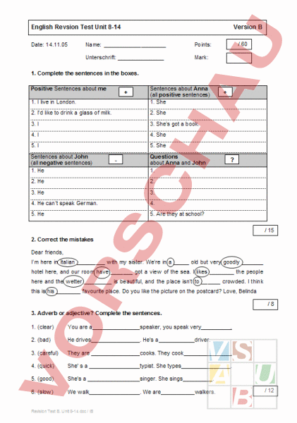 Arbeitsblatt: Revision Test B, Units 8-14, NSE 1 - Englisch - Grammatik