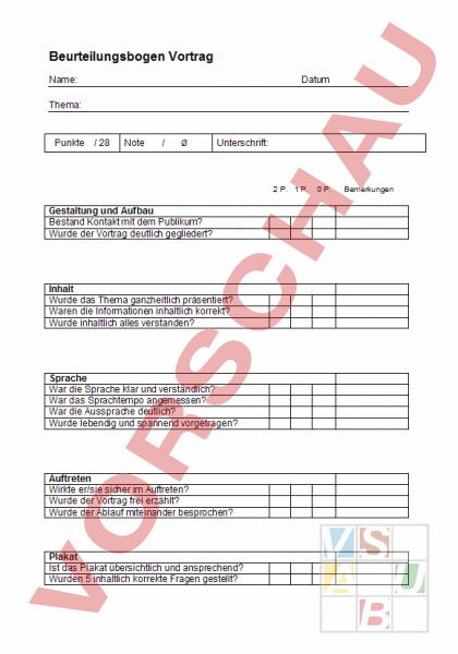 Arbeitsblatt: Beurteilungsbogen Vortrag - Diverses / Fächerübergreifend ...