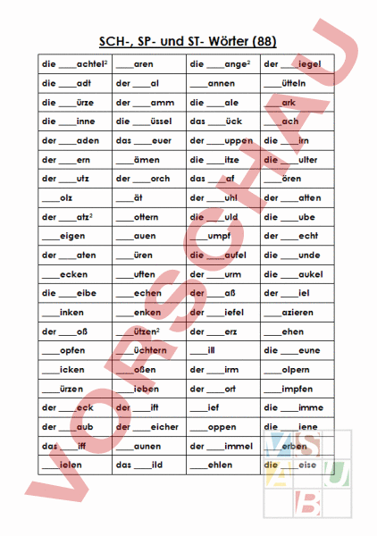 Arbeitsblatt: SCH, SP, ST- Wörter - Deutsch - Lesefertigkeit