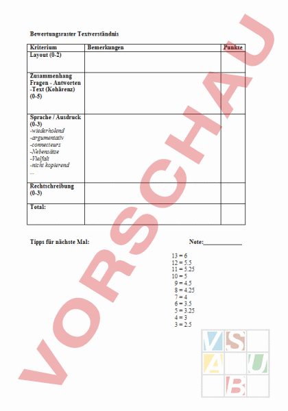 Arbeitsblatt: Bewertungsraster - Deutsch - Textverständnis